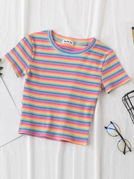 Летняя Корейская футболка с коротким рукавом, женская одежда, Топы, Новая футболка, Женские топы в радужную полоску, приталенная футболка, футболка в стиле Харадзюку