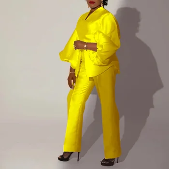 Лето 2023, Элегантные африканские женские комплекты из красного, белого, желтого полиэстера с длинным рукавом, комплекты из 2 предметов, топ и брюки в тон, африканская одежда