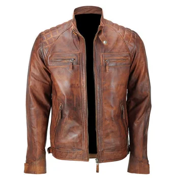 Мужская кожаная куртка, байкерская Стеганая Винтажная потертая мотоциклетная куртка Cafe Racer, коричневая модная верхняя одежда