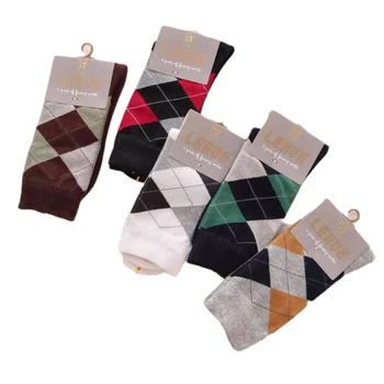 Мужские хлопчатобумажные носки Зима-осень, Винтажные, контрастного цвета, в клетку, с рисунком Аргайла, Дышащие, деловые, повседневные