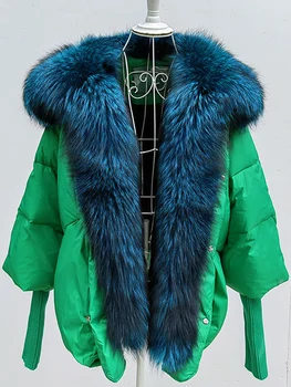 Негабаритный Зимний Теплый Съемный воротник из лисьего меха, Ослепительно синее Пуховое Пальто, Женская Пуховая верхняя одежда, Куртки, женские