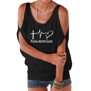 Новое поступление, футболка для женщин, топы на бретелях с геометрическим принтом Faith Hope Love, футболки, женские топы в стиле Харадзюку, Женский Летний хлопок в стиле панк