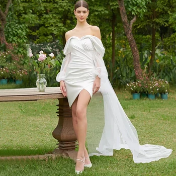 Очаровательное Короткое Свадебное платье с открытыми плечами и длинным рукавом, сексуальное Свадебное платье с открытой спиной и шлейфом, платья для регистрации гражданских невест