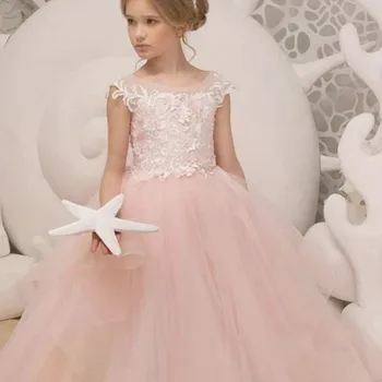 Платье с цветочным узором для девочек, Розовый пышный тюль, вырез лодочкой и кружевные аппликации, Длинное платье, подходящее для свадебной вечеринки, Дня рождения