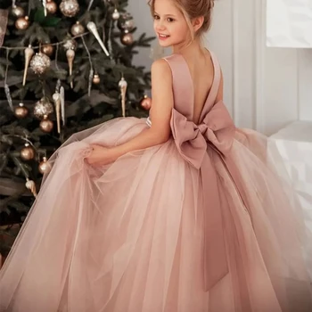 Розовое атласное платье принцессы из тюля с цветочным рисунком для девочек на свадьбу, Милые детские бальные платья для выпускного вечера с жемчужным бантом, платья без рукавов с открытой спиной
