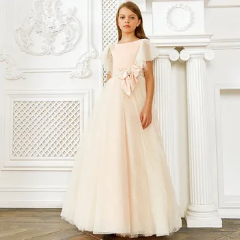 Розовое тюлевое платье в горошек с цветочным узором для девочек на свадьбу с бантом, нарядные платья для Дня рождения, выпускного вечера, первого причастия, детские платья