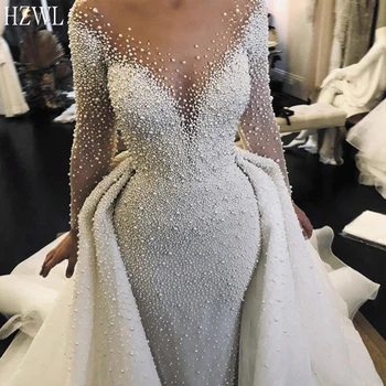 роскошные свадебные платья 2020 со съемной юбкой, расшитой бисером, с длинным рукавом, элегантное свадебное платье vestido de noiva
