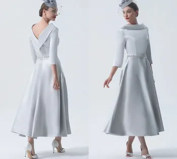 Серебряное платье для матери Невесты с бусинами Трапециевидной формы, Плюс Размер, Элегантное Атласное Свадебное Платье с вырезом Бато Чайной Длины, Robe De Soiree