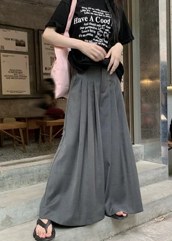 Серые Брюки в стиле Плиссированной юбки Спереди, Широкие Мешковатые Прямые Брюки с высокой талией y2k, женские брюки 2023, корейская модная летняя ткань