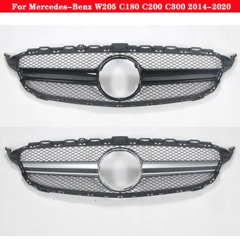 Стайлинг автомобиля Средняя решетка радиатора Для Mercedes-Benz C-Class W205 C180 C200 C300 2014-2020 AMG Серебристо-черная Центральная решетка переднего бампера AMG