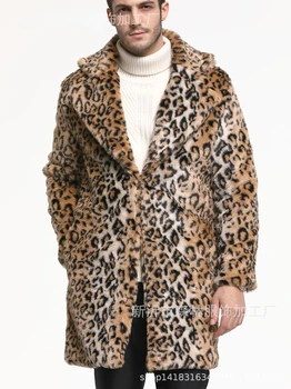 Теплая зимняя верхняя одежда, Осенне-зимняя мужская одежда, Пальто из искусственного меха, Жаккардовый Топ с леопардовым принтом и большим отворотом, длинное пальто