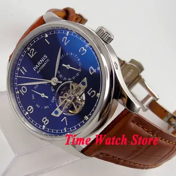 Часы Parnis 43 мм, черный циферблат, серебряные метки, дата, неделя, автоматический механизм с автоподзаводом, мужские часы men 931