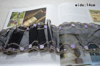 ширина 14 см-2 метра/лот, черная марлевая кружевная отделка с фиолетовой цветочной вышивкой, кружевная отделка для одежды и свадебного украшения