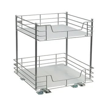 Элегантная серебристая двухъярусная система хранения в выдвижном шкафу, раздвижная кладовая для максимальной эффективности кухни / домашнего хозяйства.
