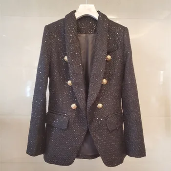 Элегантный женский блейзер с блестками, куртки высокого качества, женское зимнее двубортное твидовое пальто C584