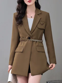 Элегантный Офисный женский Длинный блейзер с зазубринами 2023, Осенние куртки и пальто, топы больших размеров, Veste Femme, черная Верхняя одежда